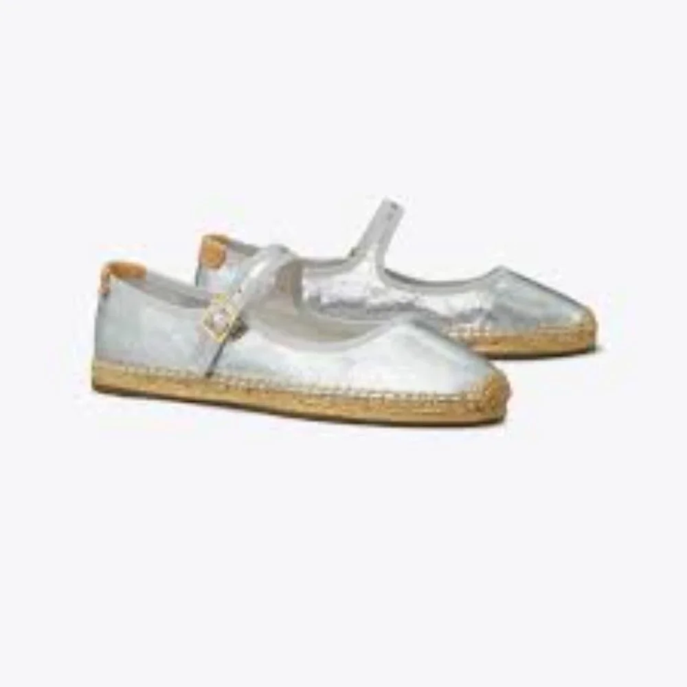 NIB Tory Burch Mary Jane Espadrille Flats Silver/Gray/Natural